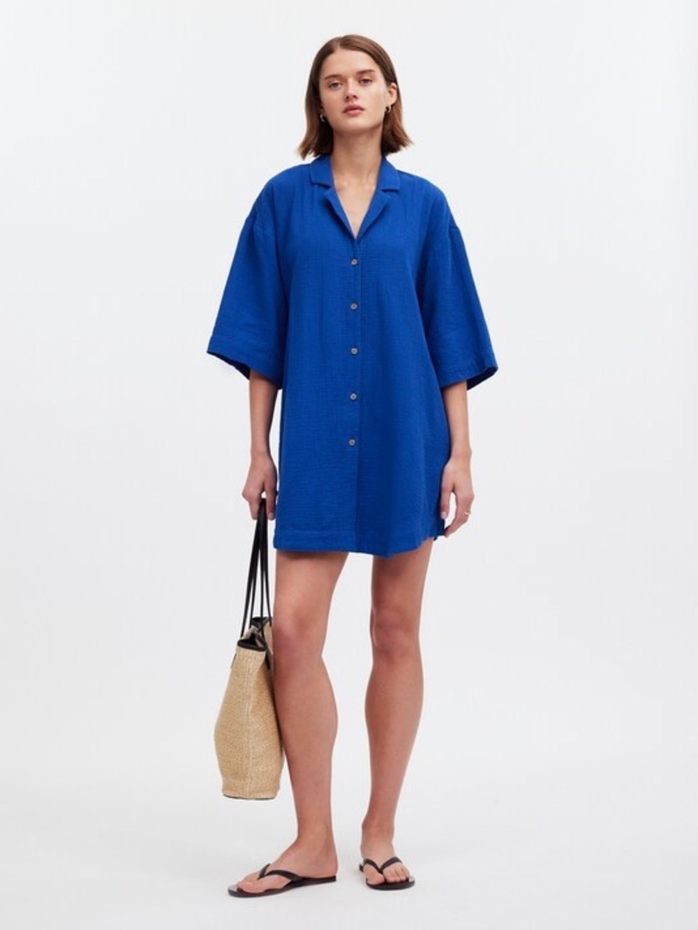 NWT Madewell Crinkle Cotton Cover-Up Mini Shirtdress in Noble Blue - Size L